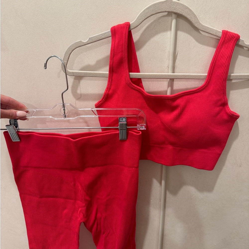 Vibrant Red Ribbed Tank and Leggings Set